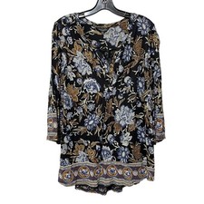 Lucky Brand Boho Top Women's 1X Floral Peasant Black Blue 3/4 Sleeve Blouse