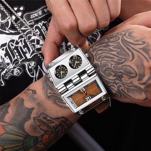 Orologio militare uomo OULM tre fusi orari unico stile punk cinturino pelle - Foto 3 di 13