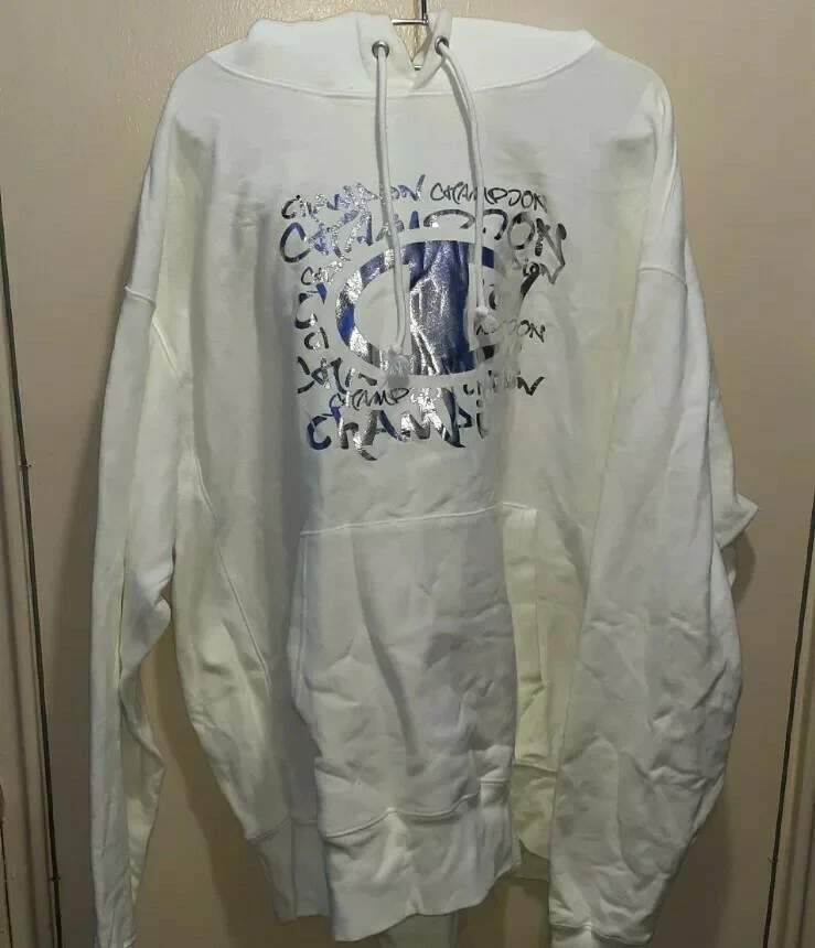 Champion White Silver Metallic Foil Logo Men s Reverse Weave Pullover Hoodie
