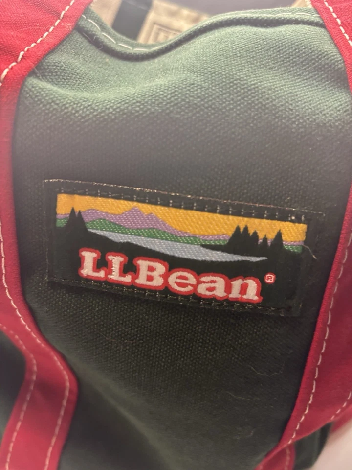 "Bote y bolso de mano LL Bean vintage raro verde rojo lona 17"" con asas 12"" x 6""" Foto 2 de 4