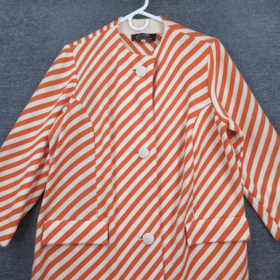 复古 20 世纪 60 年代 Edlo 外套女式 14 100% 羊毛橙色条纹中世纪长 — 第 2/4 张图片