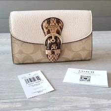 Coach Kleo Wallet Signature Snake Embellished Leather Light Khaki Chalk NWT