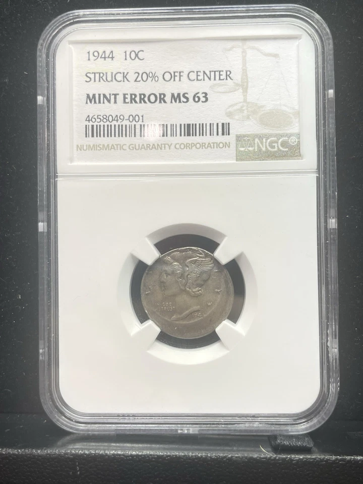 1944 10c Mercury Dime Struck 20% Off Center Mint Error NGC MS 63 - Image 3 of 4