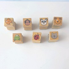 Wood Rubber Stamp Set of 7 - Animals Insects Motifs: Fish, Monkey, Panda