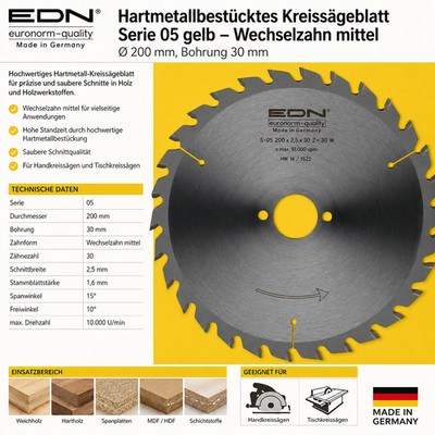 EDN HM Kreissägeblatt 200x30 mm Wechselzahn Holz Profi