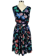 Talbots Floral Sleeveless Fit & Flare Dress Women's 14P Blue Lined Knee Length