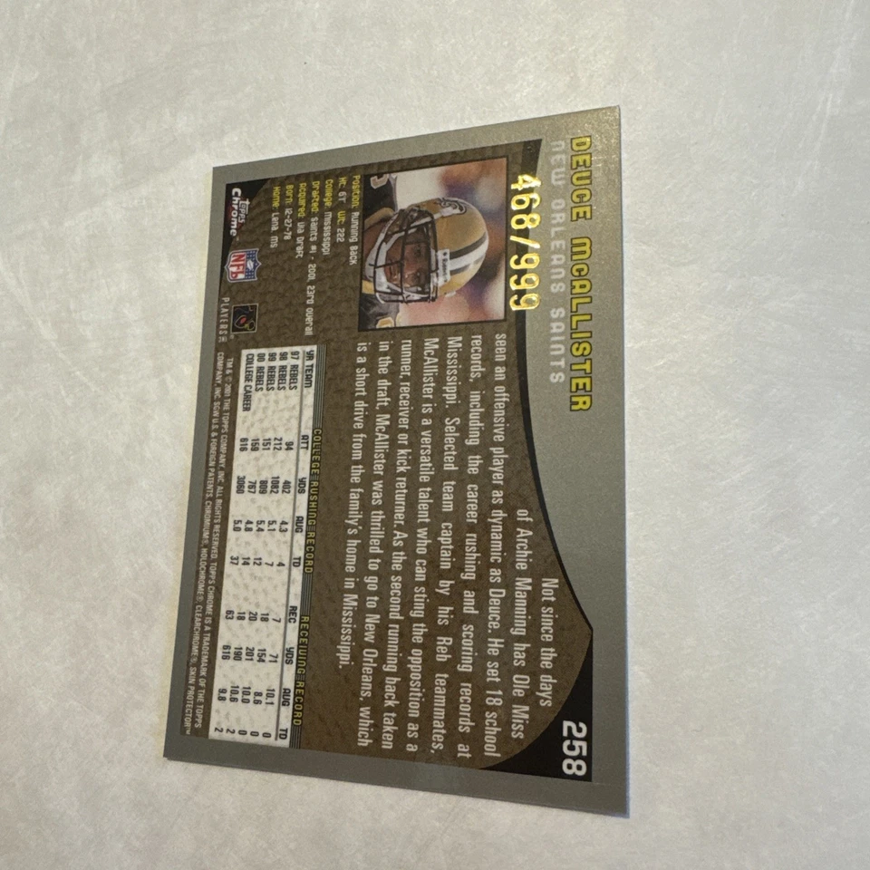 2001 Topps Chrome Refractor /999 Deuce McAllister #258 Rookie RC GEM RARE $$ - Image 4 of 4