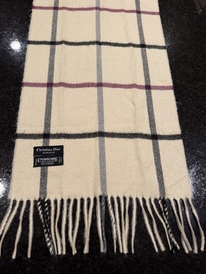 Vintage Christian Dior Plaid Rectangle Scarf Fringe Beige Black 55x12 