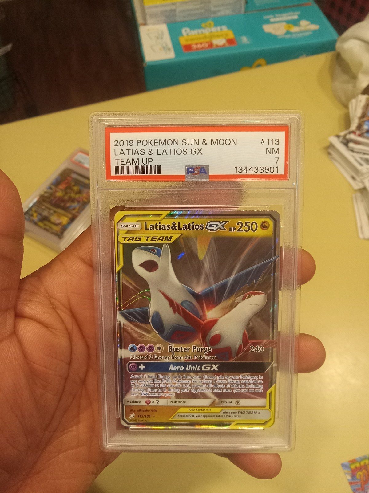 2019 POKEMON SUN & MOON TEAM UP #113 LATIAS & LATIOS GX TEAM UP PSA 7