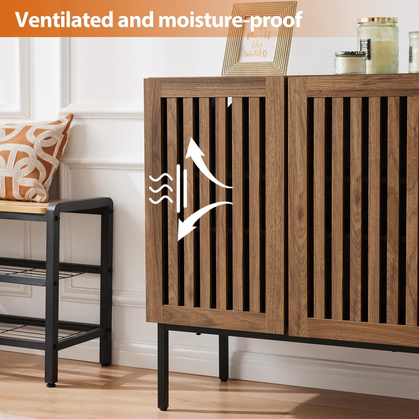 Grille Buffet Cabinet with Storage, Sideboards 2 Doors with Metal Base and Ad...