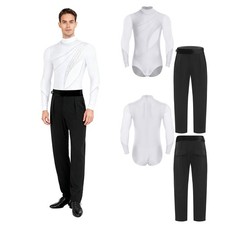 Mens Set Salsa Dance Outfit Dancing Dancewear Tango Rhinestone Chacha Mesh Jazz