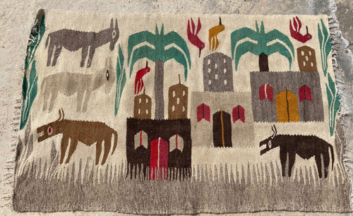 Vintage Traditional Handmade Beautiful Egyptian Pictorial Floor Rug 112x72 cm