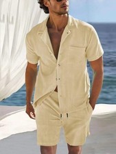 Men's Beige Button Detail Short Sleeve Top Shorts Outfit Set