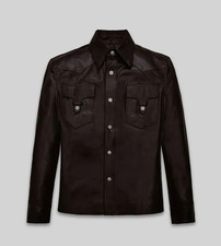 Camisa vaquera con botones de cuero marrón oscuro para hombre
