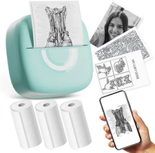 Mini Printer Sticker Thermal Printer with 3 Rolls Paper, Bluetooth Portable Phon