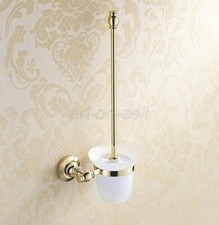 Gold Color Brass Toilet Brush Set Holder Brush  Glass Cup Wall Mount aba136