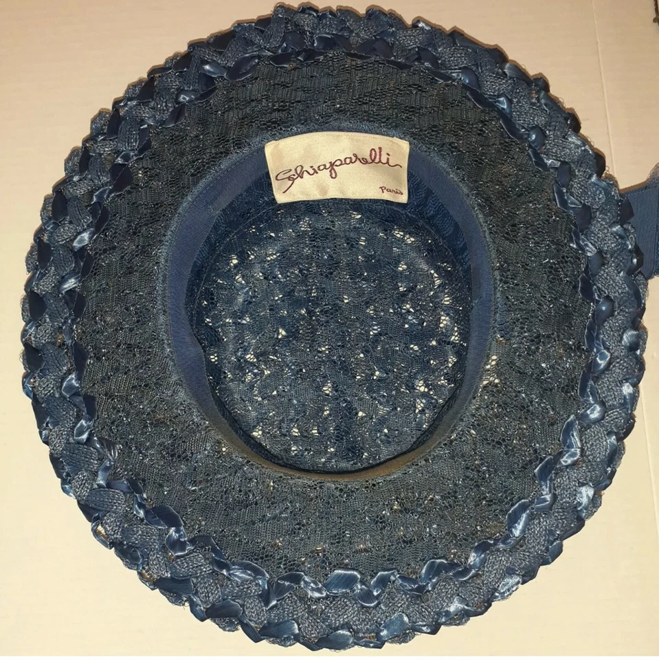 RARO 1950 Vintage Elsa Schiaparelli París Azul Tejido Rafia Sombrero Cinta RARO Foto 3 de 4
