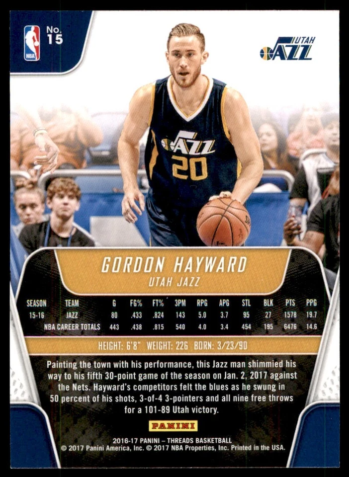 2016-17 Panini Threads Gordon Hayward Utah Jazz #15 - Image 2 of 2