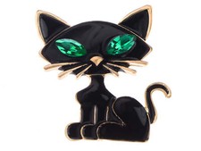 Golden Tone Trim Black Enamel Green Eye Crystal Rhinestone Cat Animal Brooch Pin