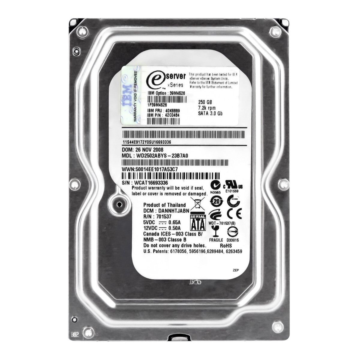 Hard Drive IBM 40K6889 42C0484 WD2502ABYS-23B7A0 250GB 7.2K 16MB