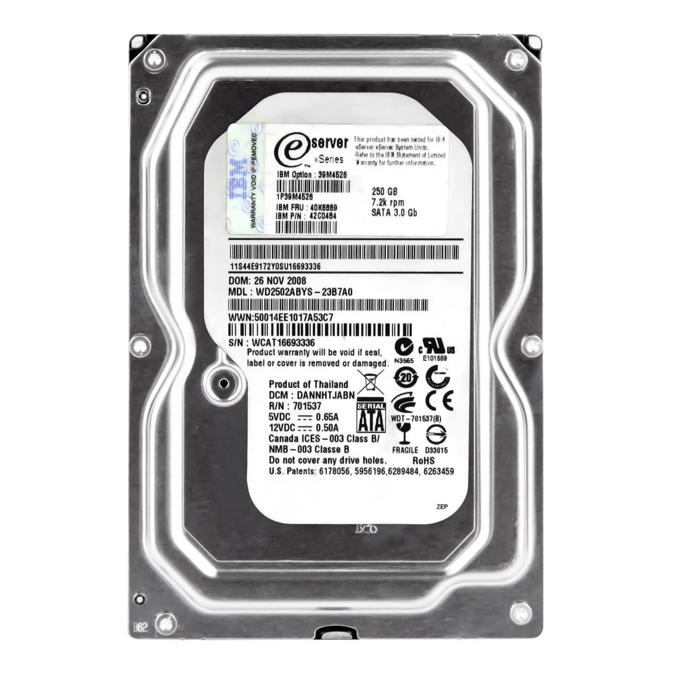 Disco Rigido IBM 40K6889 42C0484 WD2502ABYS-23B7A0 250GB 7.2K 16MB SATA II 3.5'' - Immagine 3 di 3