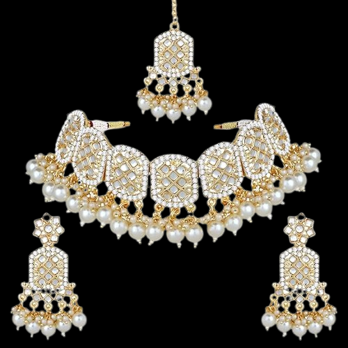 Elegant White Pearl Kundan Choker Necklace Set