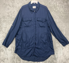 HOLDING HORSES Women's Long Tunic Shirt Blue Semi Sheer Button-Up Length Size XL