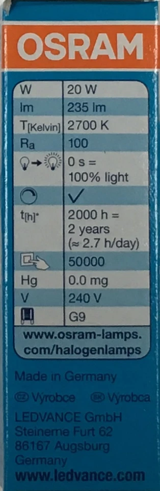 8x Osram 20W G9 Halogen Capsule 240volt 20W = 25W 240v 20 Watt Clear 66720 eco - Image 4 of 4