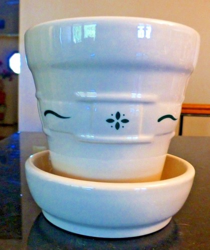 Longaberger pottery 4.5" planter & tray USA - green accents - free shipping K