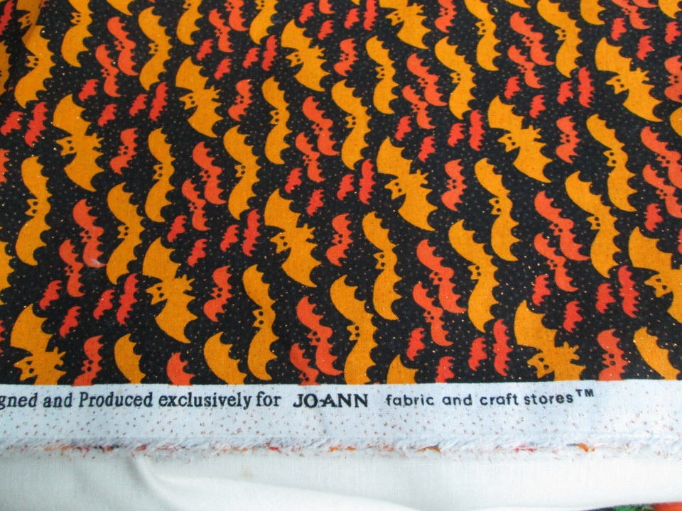 Halloween Fabric, Back w/ Orange & Yellow Flying Bats, Metallic Dots 44