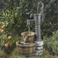 Tall Western Water Pump Fountain WITH PUMP Wooden Bucket Outdoor Garden Decor