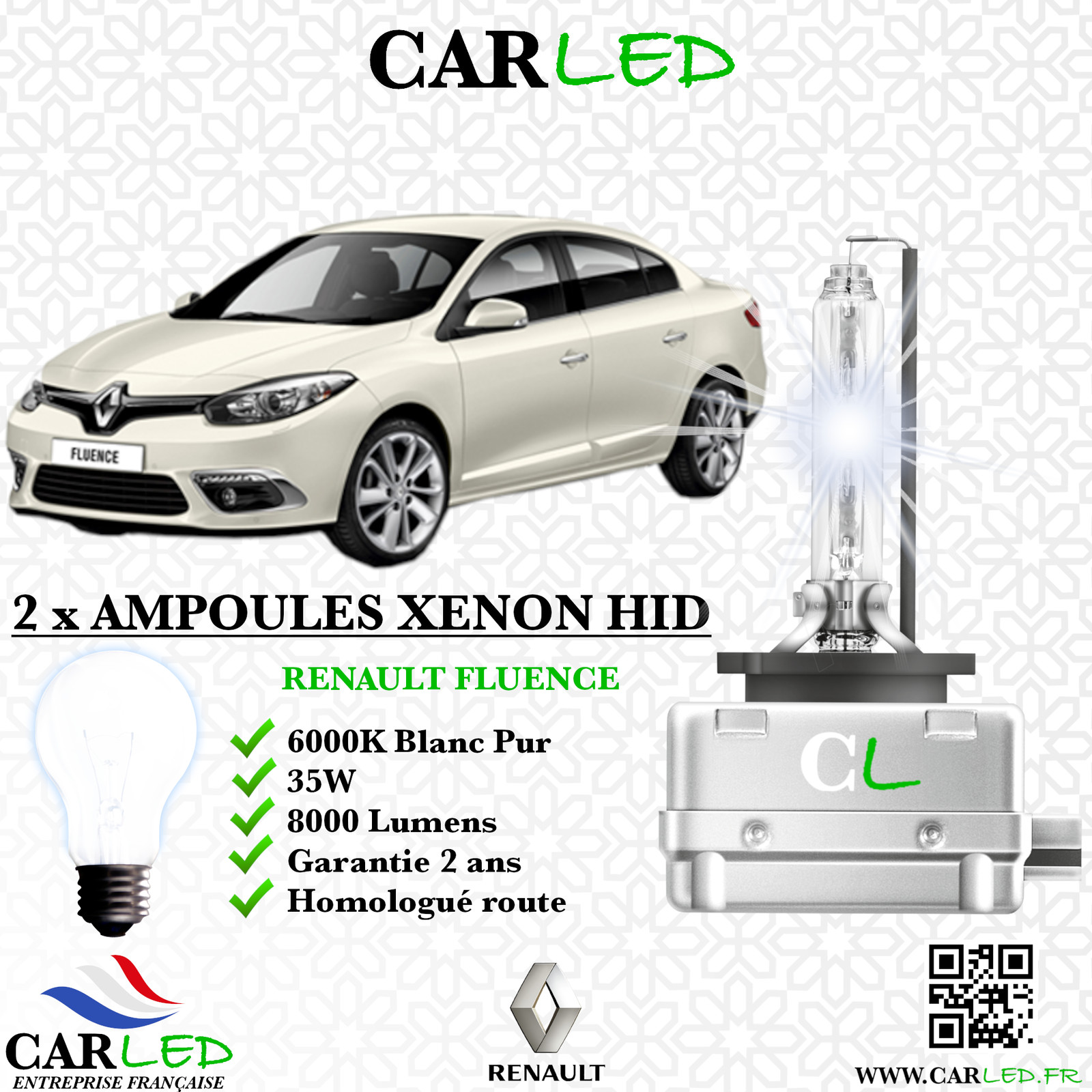 Ampoule HID Xénon 35W 8000lm CARLED Blanc Pur pour Fluence