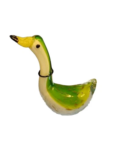 Vintage Murano Style Hand Blown Art Glass Duck Figurine Green Yellow Gold Trim