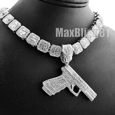 Hip Hop Silver Hand Gun Pendant 16" 18" 20" Iced Baguette Choker Chain Necklace