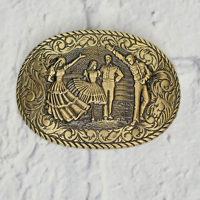 Vintage Solid Brass Western Belt Buckle with Dancing Figures Vintage Award Design Medals Solid Brass Square Dancing Belt  main image 4