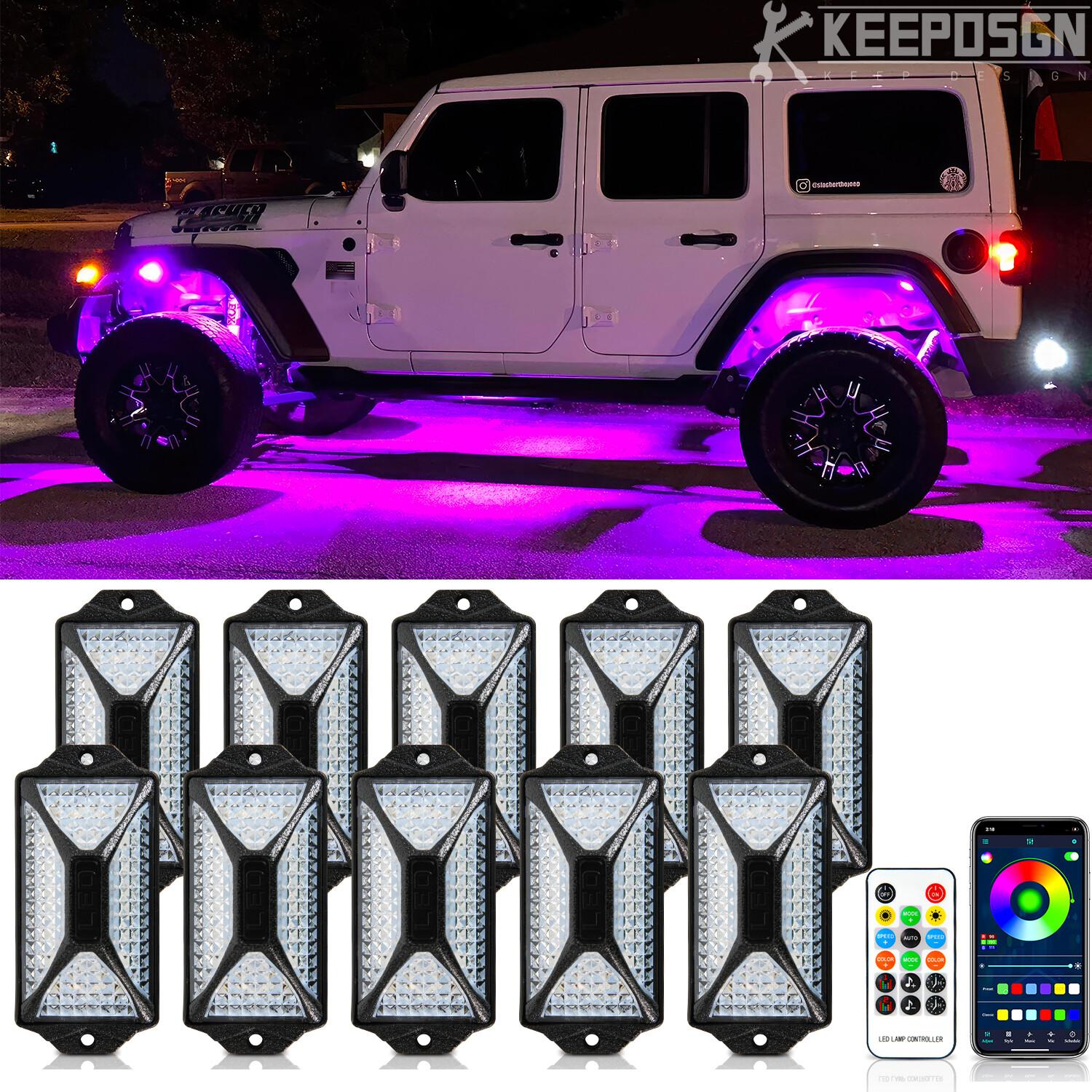 10 Pods RGB 240 LED Rock Lights Kit For Jeep Off-Road Truck UTV Underbody Lights