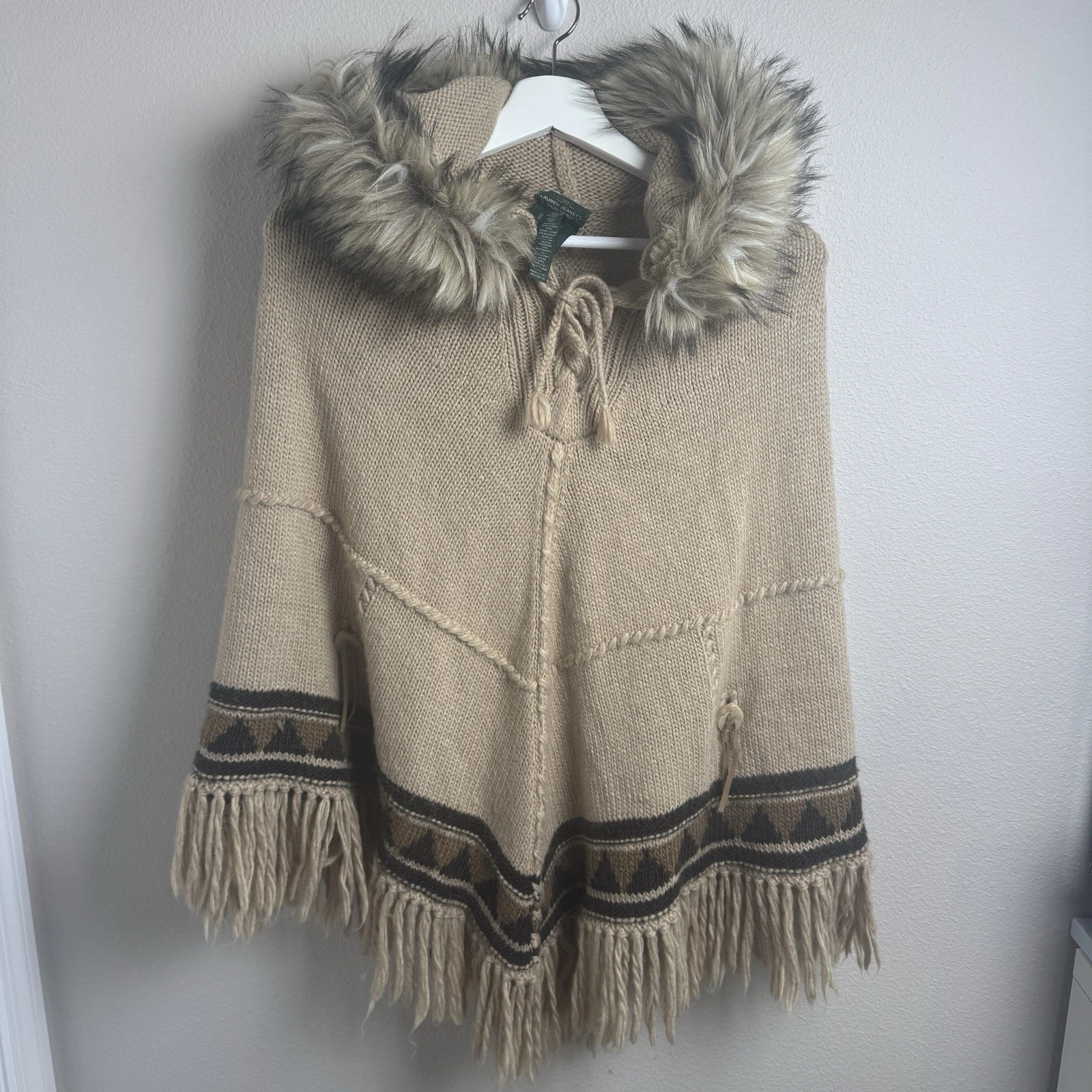 Lauren Ralph Lauren Alpaca Wool Hooded Poncho Sweater Knit Pullover Fringe Boho