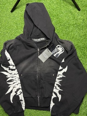 LOSTSHDWS. Black White Graphic Print Full Zip Hoodie Cotton Fleece Regular Size