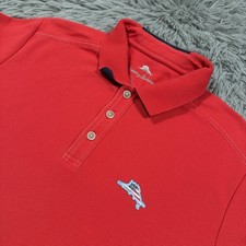 Tommy Bahama Shirt Medium Red Polo Pima Cotton USA American Flag Logo Mens