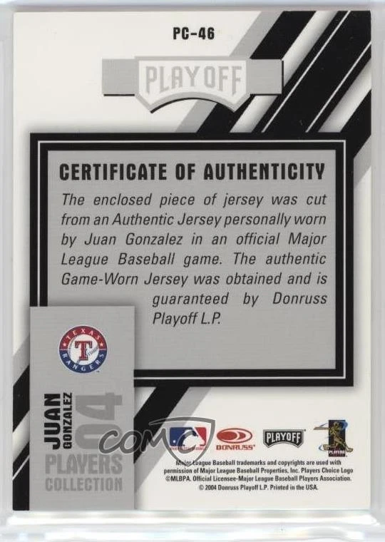 2004 Playoff Prestige Players Collection Relics Juan Gonzalez #PC-46 - Image 2 of 2