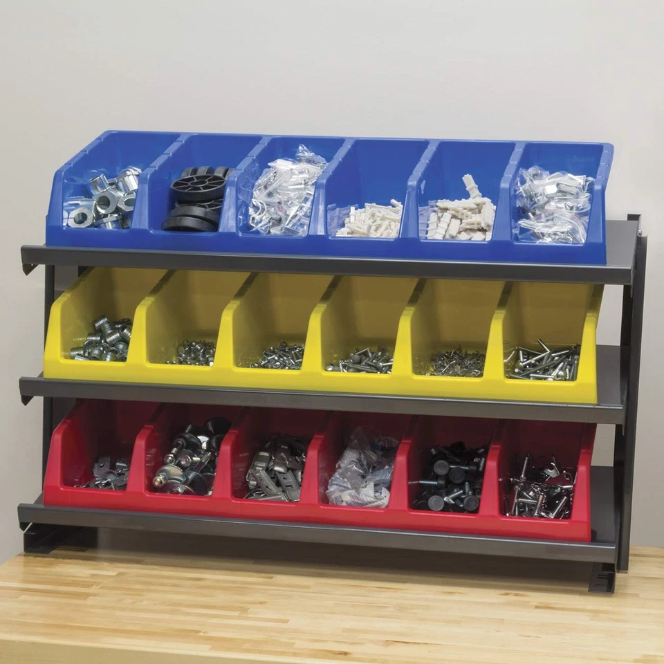 Banco de trabajo APRBENCH estante de almacenamiento para contenedores de plástico - 3 estantes en ángulo (36 pulgadas... Foto 2 de 4