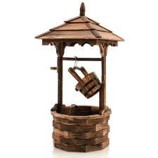 Elegant Wooden Wishing Well Wishing Well Fountain w/ 12.1 L Plastic Bucket Brown