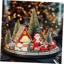 12 Pcs Christmas Village Set - 13" Oak Wooden Lazy Susan with Santa Train,