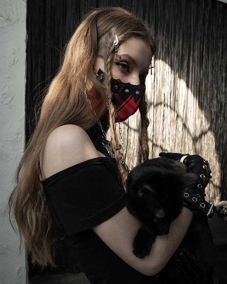 Punk Rave Womens Gothic Punk Chic Face Covering Mask Red Black Plaid Lace Chains - Image 4 of 4