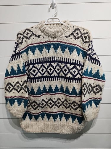 Diversified Imports 100% Wool Heavy Fisherman Sweater Hand Knit Geometric Large