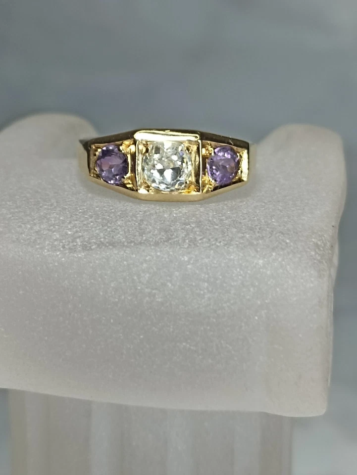 bague ancienne or 18 carats Diamants De 0.65cts Épaulé D'améthyste - Photo 2/4