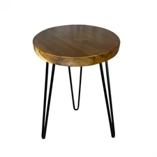 Natural Teak Wood Round End Side Table with Hairpin Legs 21" H Home Decor