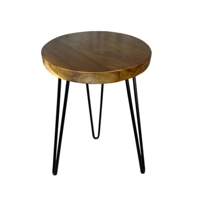 Natural Teak Wood Round End Side Table with Hairpin Legs 21'' H Home Decor