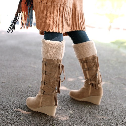 Womens Faux Suede Fur Trim Knee High Snow Boots Winter Warm Shoes Mid Calf Boot - Picture 6 of 15