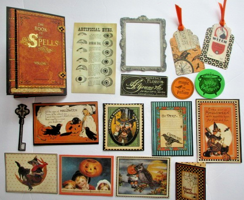Handmade Junk Journal TRI-FOLIO, "BOOK OF SPELLS", VINTAGE HALLOWEEN EPHEMERA
